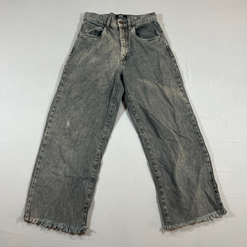 Cotton On Loose Straight Jeans Womens 4 Gray Acid Wash High Rise Raw Hem Zip Fly